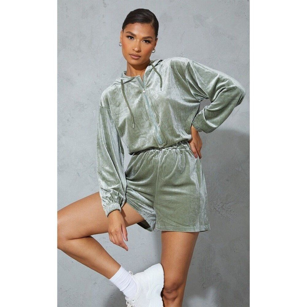 Pretty Little Thing SAGE GREEN VELOUR SEAM DETAIL HOODED ROMPER PLAYSUIT Size 2